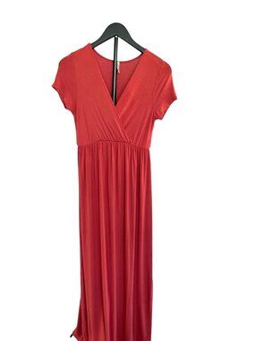 Mother Bee Women’s Terracota Coral Maternity Dress Short Sleeve V-Neck Maxi